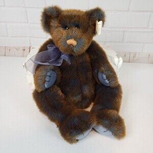 Vintage TY Broderick Plush Brown Teddy Blue Bear 15" Stuffed Animal